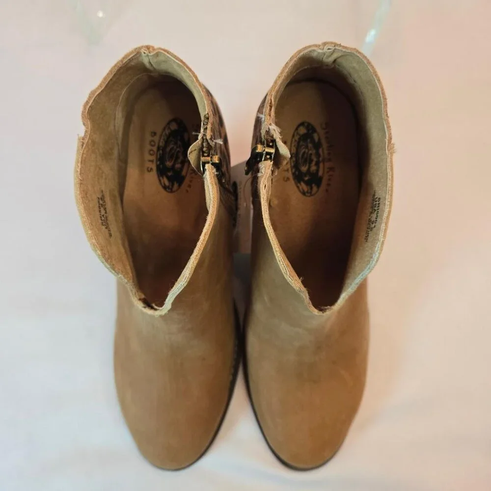 STERLING RIVER Forge Suede Camel/Leopard Rounded Ankle Boots Sz: 9.5